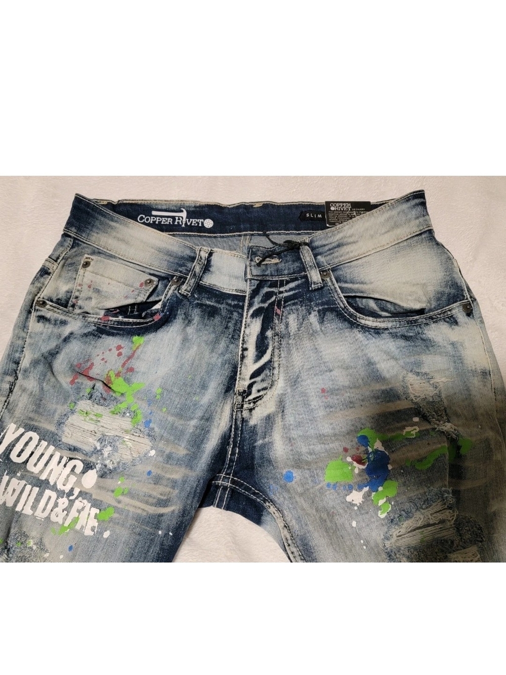 Copper Rivet Men's Light Blue Distressed Graphic Denim Pants with Paint Splatter